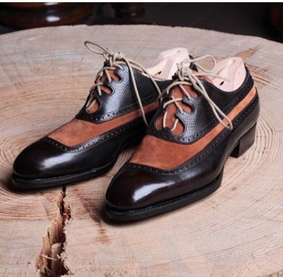 Men's Tan Black Color Leather Suede Shoes