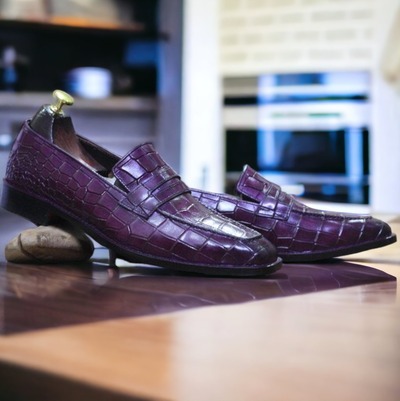 Handmade Men's Purple Alligator Print Leather Panny Loafer Shoes