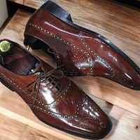 Handmade Men's Dark Brown Leather Lace Up Wing Tip Dress Shoes