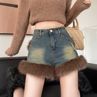 High Waist Fluffy Trim Studded Washed Denim Hot Pants - Thumbnail 2