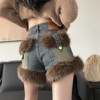 High Waist Fluffy Trim Studded Washed Denim Hot Pants - Thumbnail 1