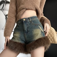 High Waist Fluffy Trim Studded Washed Denim Hot Pants - Thumbnail 4