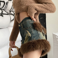 High Waist Fluffy Trim Studded Washed Denim Hot Pants - Thumbnail 3