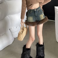 High Waist Fluffy Trim Studded Washed Denim Hot Pants - Thumbnail 5
