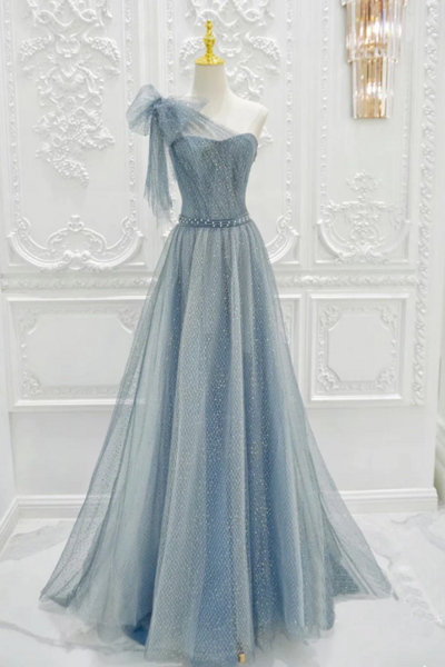 A Line One Shoulder Tulle Sequin Gray Blue Long Prom Dress, Sequin Long Formal Dress KPP1774