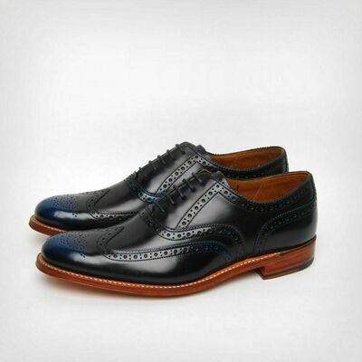 Two Tone Wing Tip Blue Black Full Brogue Toe Handmade Real Leather Lace up Shoes