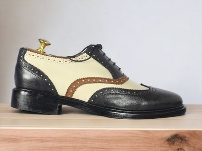 Men's Multi Tone Leather Handmade Lace Up Wing Tip Office Shoes