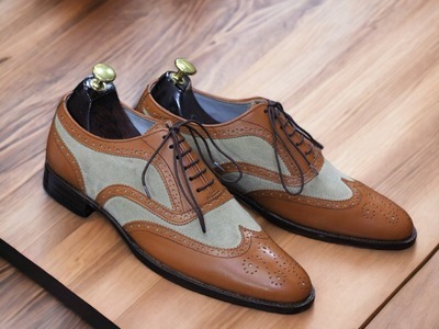 Men's Two Tone Leather & Suede Lace Up Wing Tip Handmade Office Shoes
