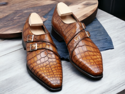 Handmade Brown Double Buckle Alligator Print Leather Shoes