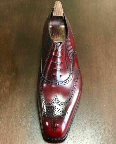 Mens Custom Made Red Color Wingtip Oxford Lace up Dress Shoes