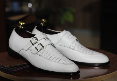 White Leather Handmade Men's Fashion Double Buckle Monk Slip On Loafer Shoes