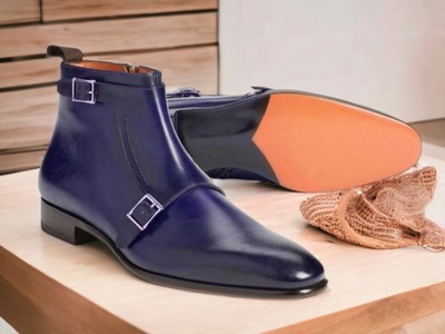 Handmade Men's Double Monk Buckle Leather Blue Ankle Boots