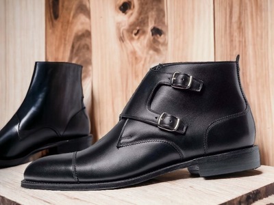 Men's Black Double Buckle Cap Toe Leather Handmade Ankle Boots