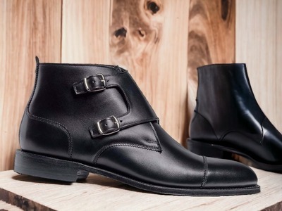 Men's Black Double Buckle Cap Toe Leather Handmade Ankle Boots