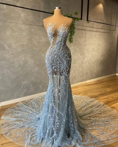 Chic Mermaid Blue Lace Prom Dresses