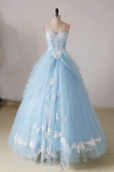 A Line Sweetheart Neck Lace Blue Long Prom Dress, Blue Long Sweet 16 Dress KPP1777