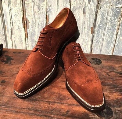 Men's Brown Suede Lace Up Wing Tip Handmade Office Shoes
