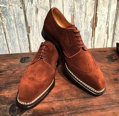 Men's Brown Suede Lace Up Wing Tip Handmade Office Shoes