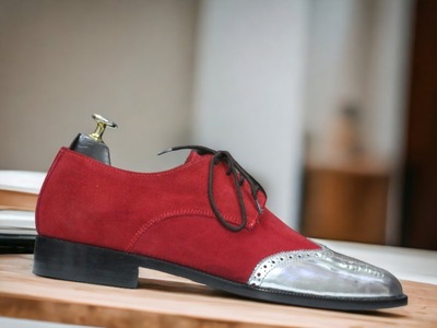 Two Tone Handmade Men's Lace Up Wing Tip Suede & Leather Office Shoes