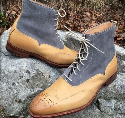Men's Two Tone Leather & Suede Lace Up Wing Tip Fashion Ankle High Boots