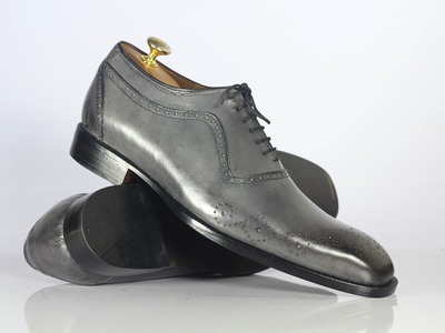 Men's Leather Lace Up Brogue Toe Gray Fashion Handmade Dress Shoes