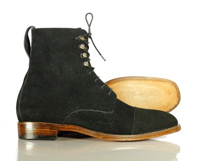 Fashion Men's Black Suede Lace Up Handmade Cap Toe Ankle Boots
