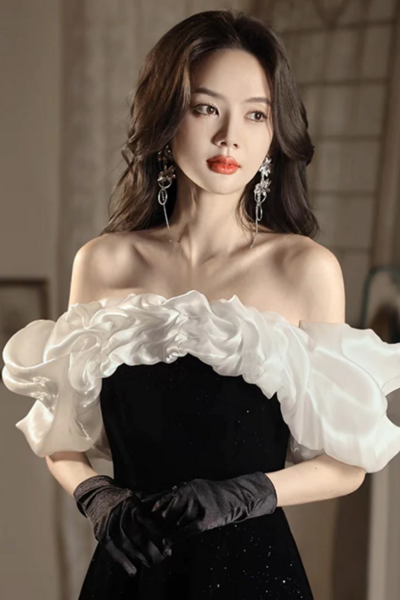 A Line Off Shoulder Velvet Black Long Prom Dress, Black Long Evening Dress KPP1782