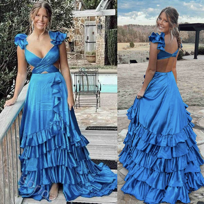 Blue Prom Dresses Backless Slit Side