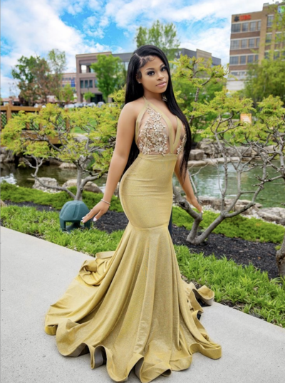 Gold Prom Dresses Mermaid with Lace