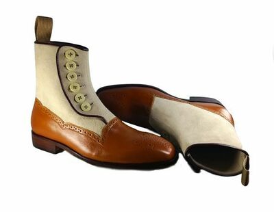 Brown Beige Two Tone Color Genuine Leather High Ankle Party Wear Button Boots