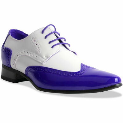 Men's Two Tone Purple White Pointed Derby Toe Wing Tip Black Sole Leather Shoes