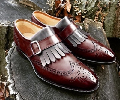 Burgundy Gray Monk Single Buckle Strap Wing Tip Fringed Brogue Toe Leather Shoes