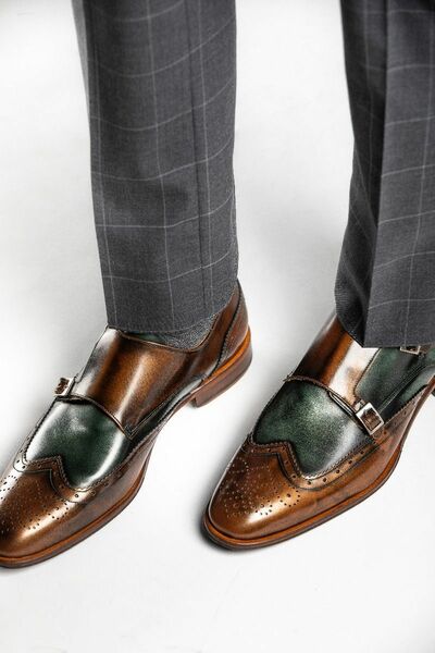 Patent Real Leather Two Tone Monk Double Buckle Strap Wing Tip Brogue Toe Shoes