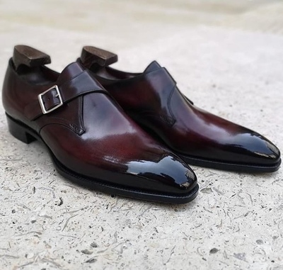 Men's Handmade Burgundy Monk Leather Burnished Toe Shoes, Men Dress Buckle Shoes