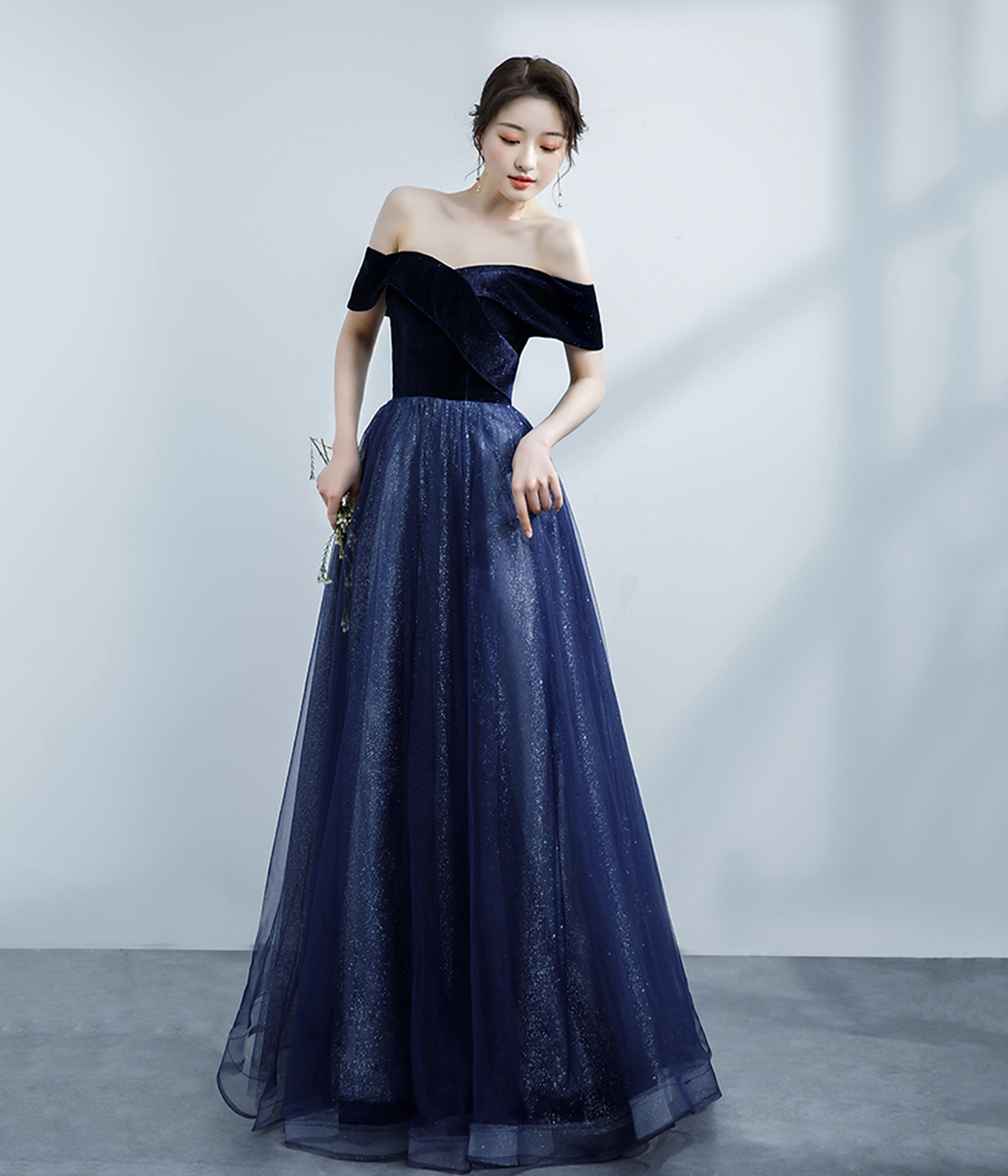 Blue Velvet and Tulle Long Prom Dress, Off the Shoulder Evening Party Dress
