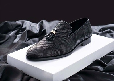 Men's Black Python Leather Handmade Tassel Slip On Loafer Shoes