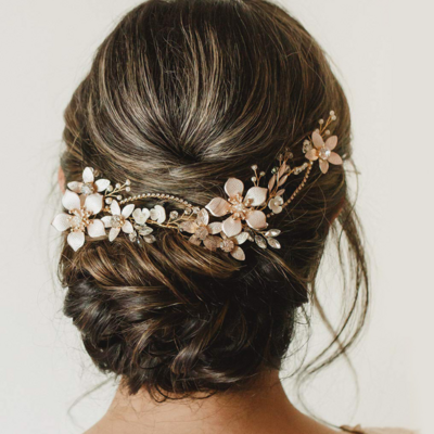 Gold flower rhinestone crystal leaf copper faux pearl wedding hair tiara - Thumbnail 1