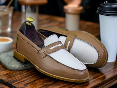 Men's Fashion Two Tone Leather Penny Handmade Loafer Shoes