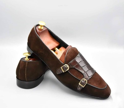 Men's Brown Suede Double Monk Buckle Handmade Alligator Print Leather Loafer Shoes