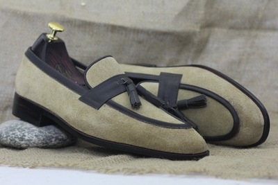 Men's Fashion Beige Suede Handmade Tassle Loafer Shoes