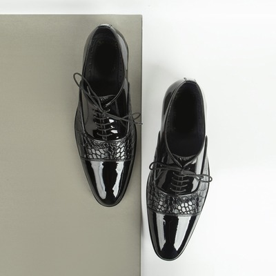 Handmade Black Leather Lace Up Cap Toe Alligator Print Fashion Dress Shoes