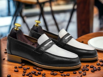 Men's Fashion Black & White Leather Penny Handmade Loafer Shoes