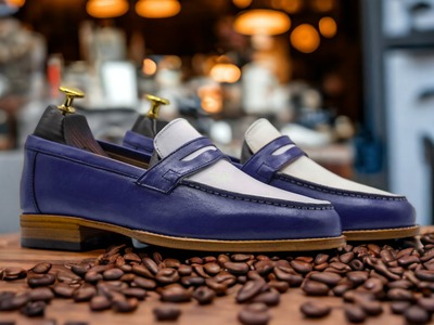 Men's Fashion Blue & White Leather Penny Handmade Loafer Shoes