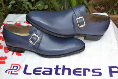 Handmade Blue Genuine Leather Single Monk Strap Dress Shoes For Men