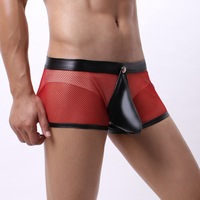 2PK Gay Mens Sexy Underwear Mesh Cut-out Boxer Briefs Red A4-36  - Thumbnail 3