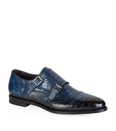 Blue Double Buckle Handmade Men's Alligator Print Leather Shoes