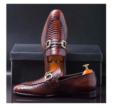 Men's Brown Handmade Python Leather Horse Bit Loafer Shoes