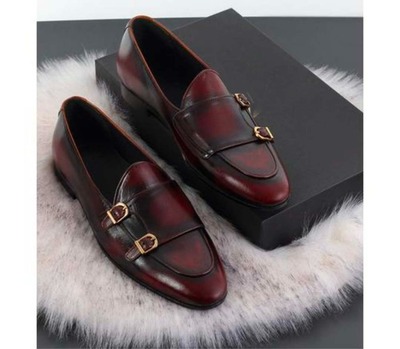 Double Buckle Handmade Men's Two Tone Leather Slip On Loafer Shoes