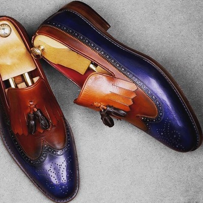 Handmade Men's Multi Tone Leather Wing Tip Fringe Tussle Loafer Shoes