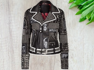 Handmade Men Silver Studded Jacket Black Silver Leather Belted Biker Jacket